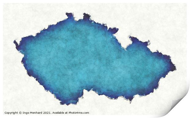 Czech Republic map with drawn lines and blue watercolor illustra Print by Ingo Menhard