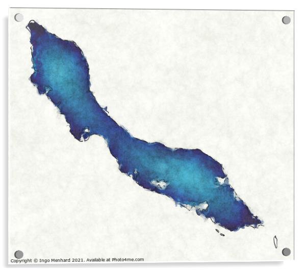 Curacao map with drawn lines and blue watercolor illustration Acrylic by Ingo Menhard