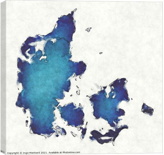 Denmark map with drawn lines and blue watercolor illustration Canvas Print by Ingo Menhard
