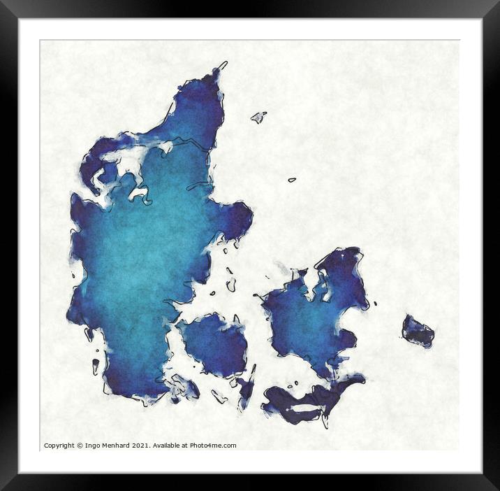 Denmark map with drawn lines and blue watercolor illustration Framed Mounted Print by Ingo Menhard