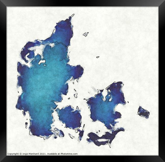 Denmark map with drawn lines and blue watercolor illustration Framed Print by Ingo Menhard