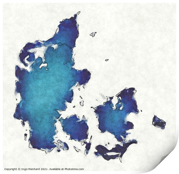 Denmark map with drawn lines and blue watercolor illustration Print by Ingo Menhard