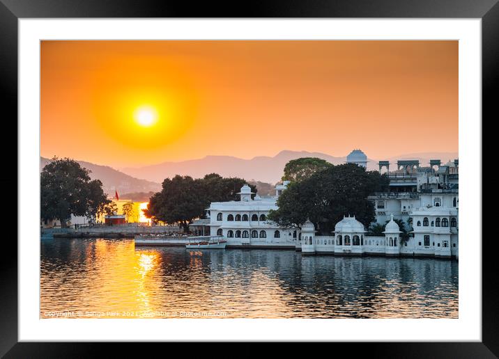 Sunset Pichola lake and Udaipur old town Framed Mounted Print by Sanga Park