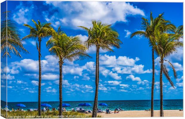 Yellow Beach Palm Trees Blue Ocean Fort Lauderdale Florida Canvas Print by William Perry