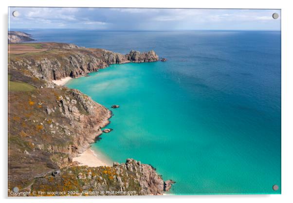 Aerial photograph of Porthcurno Beach nr Lands End, Cornwall, En Acrylic by Tim Woolcock