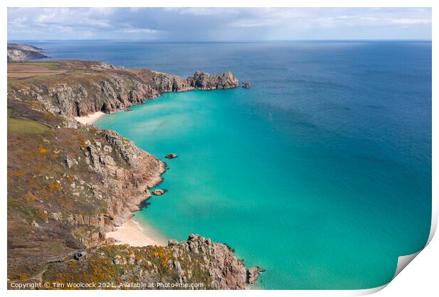 Aerial photograph of Porthcurno Beach nr Lands End, Cornwall, En Print by Tim Woolcock