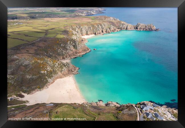Aerial photograph of Porthcurno Beach nr Lands End, Cornwall, En Framed Print by Tim Woolcock