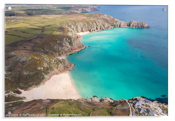 Aerial photograph of Porthcurno Beach nr Lands End, Cornwall, En Acrylic by Tim Woolcock