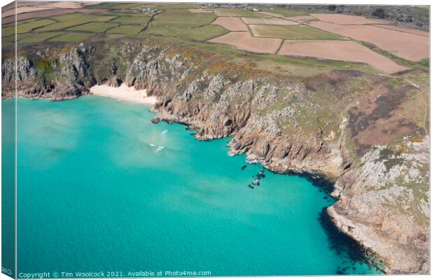 Aerial photograph of Porthcurno Beach nr Lands End, Cornwall, En Canvas Print by Tim Woolcock