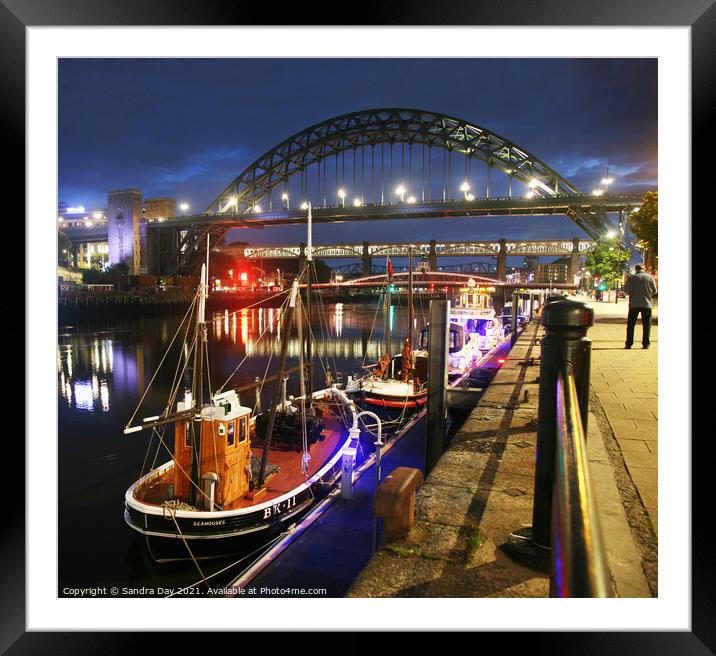 Tyne Bridge at Night Framed Mounted Print by Sandra Day