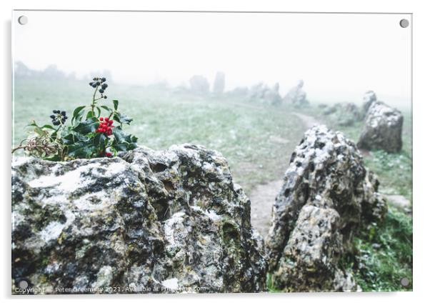 Sprigg Of Holly with Berries On One Of The Standing Stones Acrylic by Peter Greenway