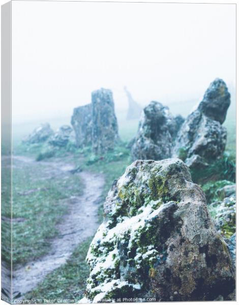 Potted Moss Covered Standing Stones In The Rollright Stone Circl Canvas Print by Peter Greenway