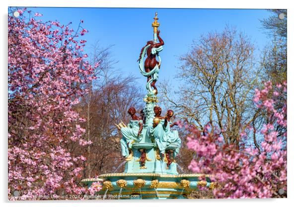 Ross Fountain in Princes Street Gardens Edinburgh Scotland & Spring Blossom. Acrylic by Philip Leonard