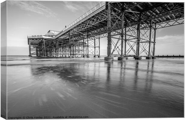 13 Looking up towards the wooden boardwalk of the Victorian pier Canvas Print by Chris Yaxley