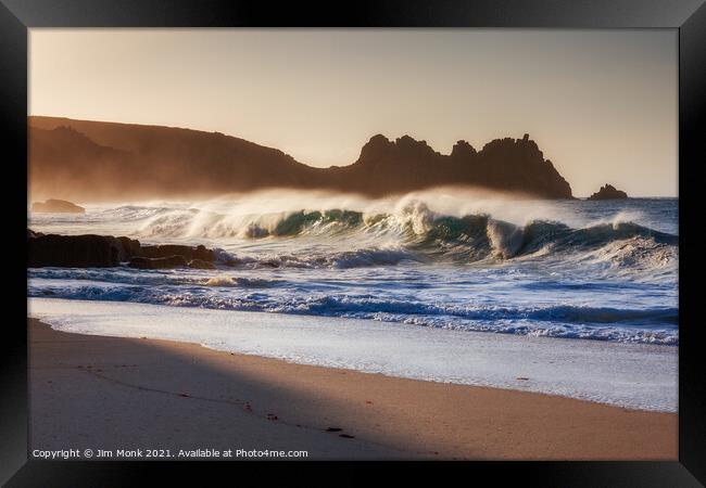 Porthcurno Beach Waves Framed Print by Jim Monk