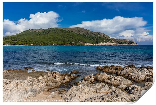 Cala Agulla bay and mountain Es Telégraf in Majorc Print by MallorcaScape Images