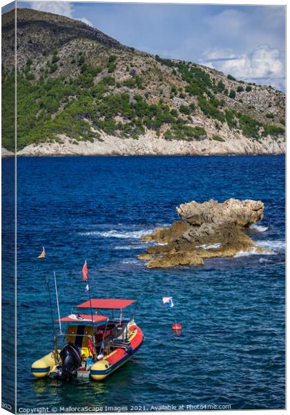 rigid-hulled inflatable boat in Cala Agulla bay in Canvas Print by MallorcaScape Images