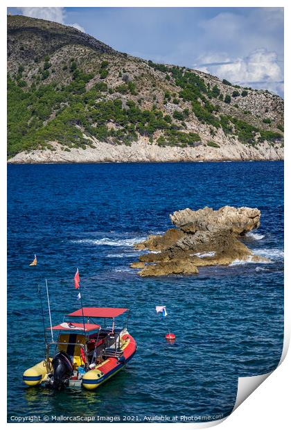 rigid-hulled inflatable boat in Cala Agulla bay in Print by MallorcaScape Images