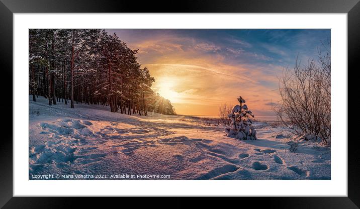 Sunset over winter landscape with snowy trees Framed Mounted Print by Maria Vonotna