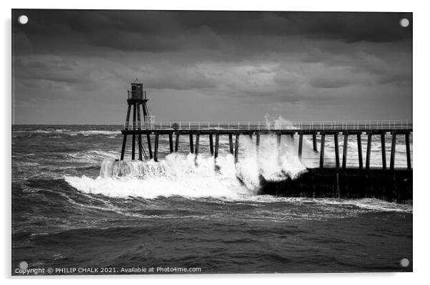 black and white picture of stormy seas at the entrance to Whitby harbour 488.  Acrylic by PHILIP CHALK