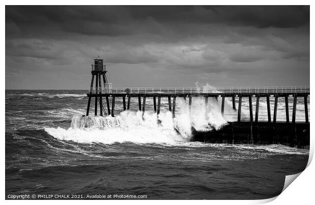 black and white picture of stormy seas at the entrance to Whitby harbour 488.  Print by PHILIP CHALK