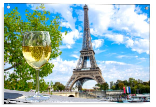 Glass of white wine with Eiffel tower view Acrylic by Maria Vonotna
