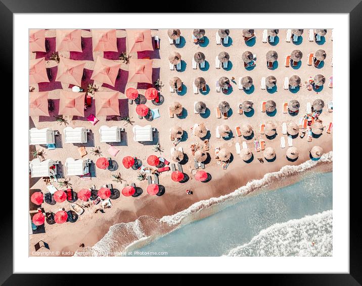 People Red Umbrellas On Beach, Aerial Sea Beach Print Framed Mounted Print by Radu Bercan