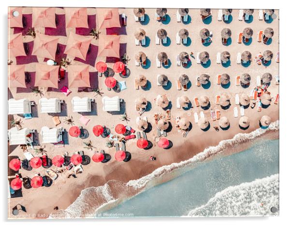 People Red Umbrellas On Beach, Aerial Sea Beach Print Acrylic by Radu Bercan