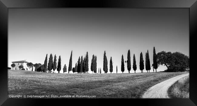 Tuscan panorama black and white, Tuscany Framed Print by Delphimages Art