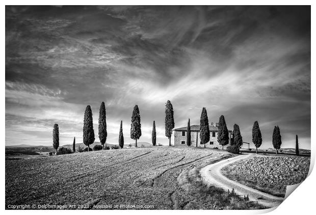 Tuscan landscape, farm in Val d'Orcia Print by Delphimages Art