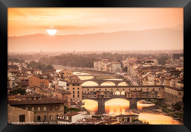 Florence at sunset with the Ponte Vecchio, Italy Framed Print by Delphimages Art