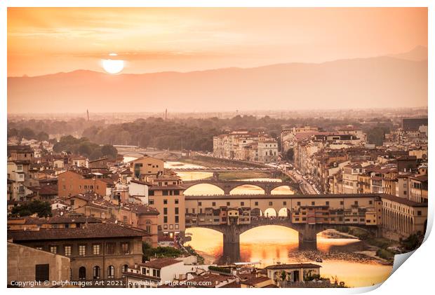 Florence at sunset with the Ponte Vecchio, Italy Print by Delphimages Art