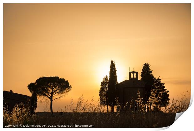 Tuscany Italy. Vitaleta Chapel at sunset Print by Delphimages Art