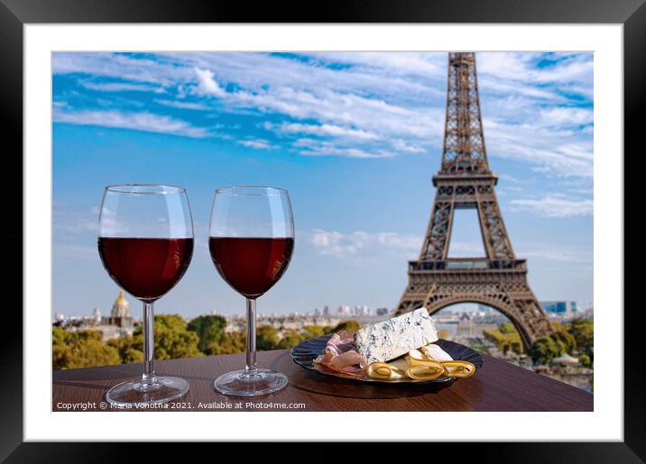 Red wine with snacks against Paris Eiffel tower Framed Mounted Print by Maria Vonotna