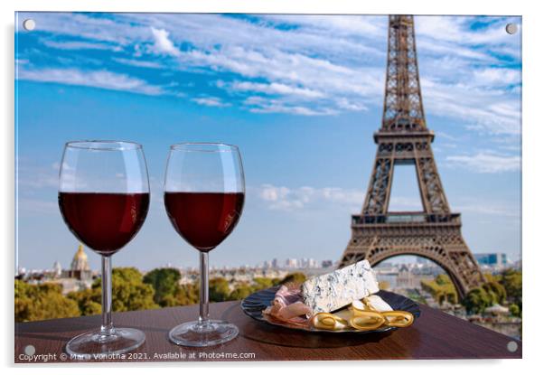 Red wine with snacks against Paris Eiffel tower Acrylic by Maria Vonotna