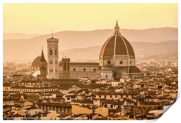 Aerial view of Florence at sunset with the Duomo Print by Delphimages Art