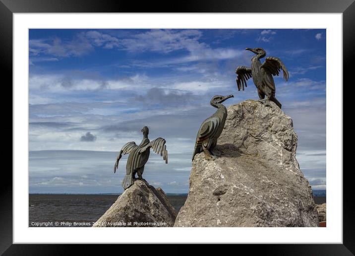 Cormorant sculptures, Morecambe Stone Jetty Framed Mounted Print by Philip Brookes
