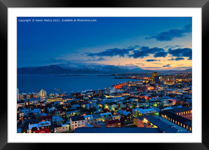 Reykjavik, Iceland seen at sunrise in the winter Framed Mounted Print by Navin Mistry