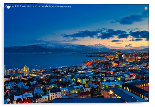 Reykjavik, Iceland seen at sunrise in the winter Acrylic by Navin Mistry
