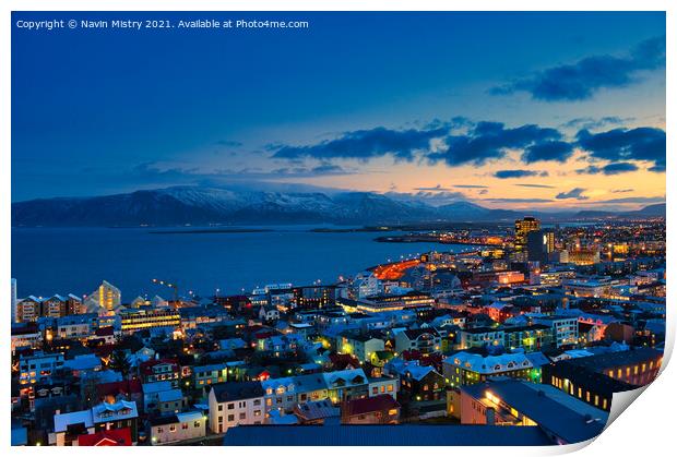 Reykjavik, Iceland seen at sunrise in the winter Print by Navin Mistry