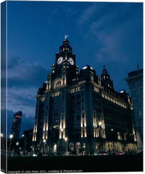 Liverpool's Liver Building at Dusk Canvas Print by Liam Neon