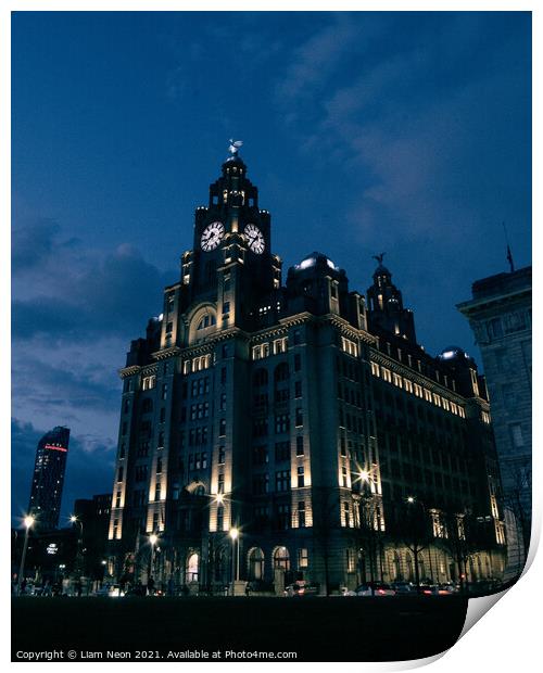 Liverpool's Liver Building at Dusk Print by Liam Neon