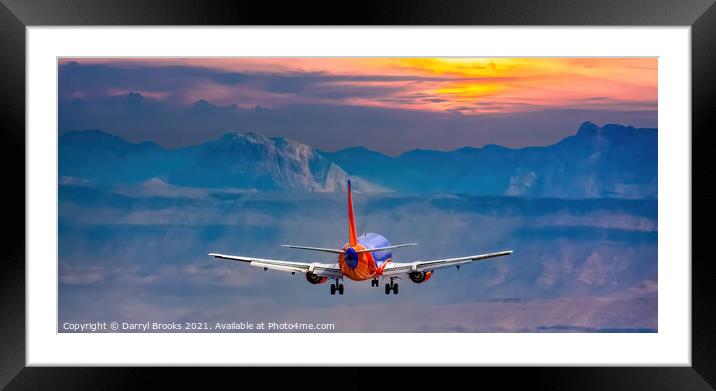 Colorful Commercial Plane Flying West Framed Mounted Print by Darryl Brooks
