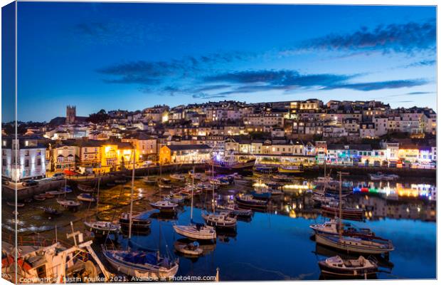 Brixham harbour at night, Devon Canvas Print by Justin Foulkes