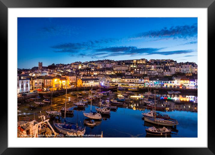 Brixham harbour at night, Devon Framed Mounted Print by Justin Foulkes