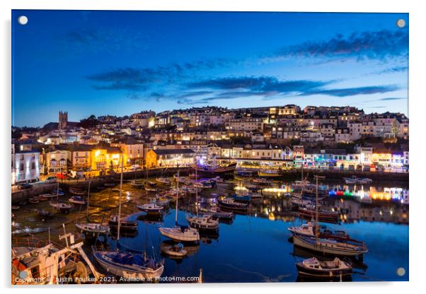 Brixham harbour at night, Devon Acrylic by Justin Foulkes