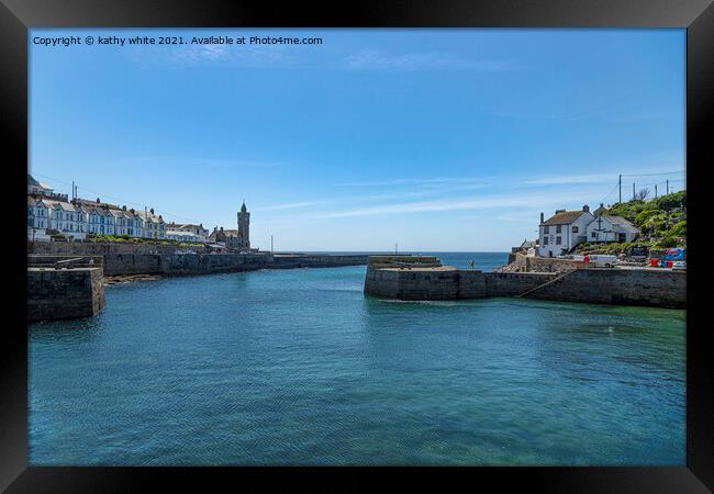 Blue sky at the clock tower Porthleven Framed Print by kathy white