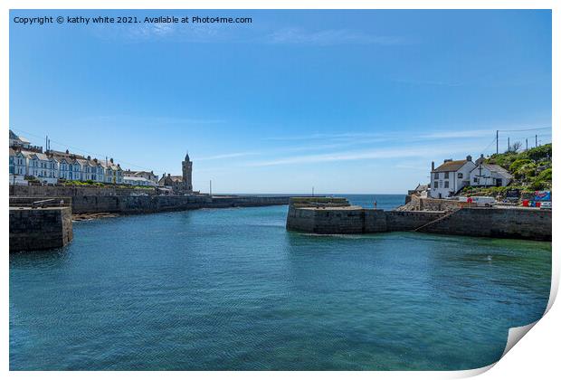 Blue sky at the clock tower Porthleven Print by kathy white