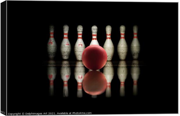 Strike, bowling ball and pins aligned on black  Canvas Print by Delphimages Art