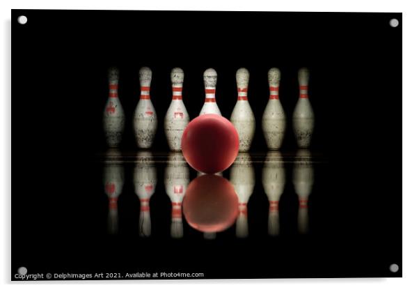 Strike, bowling ball and pins aligned on black  Acrylic by Delphimages Art